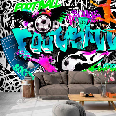 250cm X 175cm - Fotobehang -Passie voor Voetbal , Football II , Graffiti,  5 maten, premium print vliesbehang, instructies bijgevoegd, voor woonkamer en slaapkamer