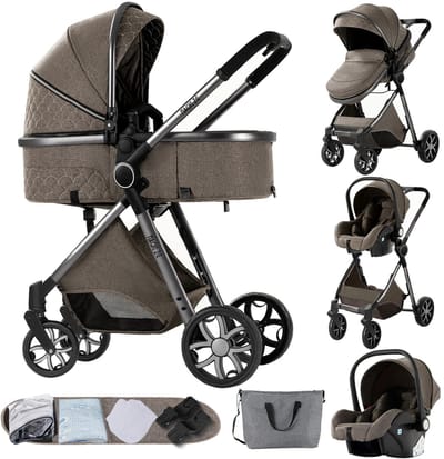 Jessi Store - Kinderwagen - 3 in 1 - Buggy - Met autostoel - Met reiswieg - Verstelbaar - All-terrain - Bruin - 60x104x83cm