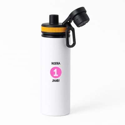 Hacebo® - Hoera 1 jaar waterfles met draaidop oranje - Verjaardag - Jarigen - Verjaardagscadeau - baby - Happy birthday - water fles - 850ML