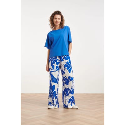 Smashed Lemon Blauwe palazzo broek met witte bloemenprint en elastische taille |