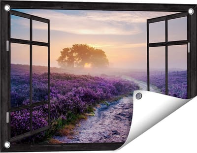 Gards Tuinposter Doorkijk Pad in de Weide van de Veluwe - 60x40 cm - Tuindoek - Tuindecoratie - Wanddecoratie buiten - Tuinschilderij