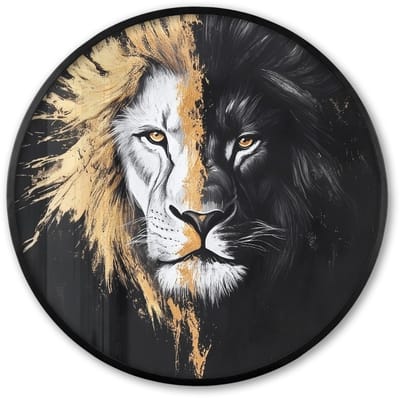 Poster in lijst Rond - Fotolijst 60x60 cm - Posters - Leeuw - Gesplitst - Zwart - Lijn - Ronde posterlijst zwart - Decoratie - Wanddecoratie woonkamer - Muurdecoratie slaapkamer