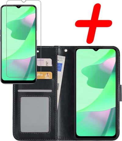Hoesje Met Screenprotector - Geschikt voor OPPO A16s - Luxe Pasjeshouder - Bookcase Portemonee - Flip Case - Kunstleer Book Case - Flipcase - Book Cover - Walletcase - Portemonneehoes - Zwart