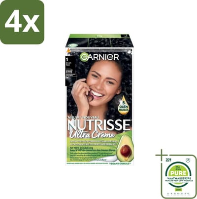 Garnier - Nutrisse Ultra Crème 1 - Haarkleuring - Zwart - Intens Voedend - Permanente Kleur - Voordeelverpakking - 4 stuks - Haarverf - Permanente haarkleur