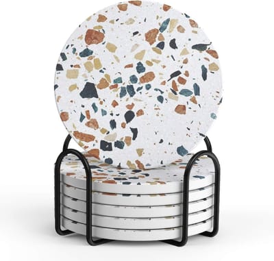 Terrazzo Absorbente Onderzetters met Houder, Perfect als Cadeau voor Huizen, Man Cave en Woonkamer Decor, Set van 6, 10 cm
