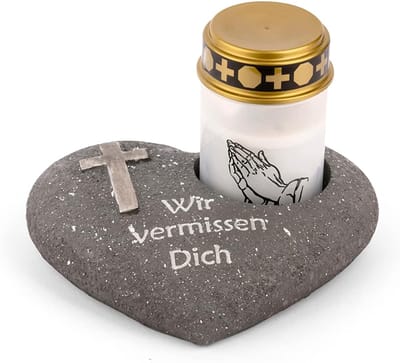 Grafdecoratie hart antraciet met kruis met opschrift We miss you incl. LED graflamp wit grafdecoratie grafhart weerbestendig grafdecoratie gedenksteen theelichthouder rouwsteen