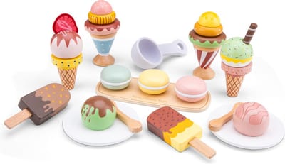 Woet® Houten IJsjes Speelgoed - 25-delige Kleurijke Speelset met IJsjes, Hoorntjes, IJsschep en Bordjes - Speelgoedeten - Rollenspel Keukenspeelgoed IJskraam - Vanaf 3 Jaar