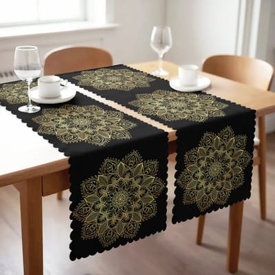 Bedrukt Velvet textiel Tafelloper set van 2 - 45x140 - Gold mandala op zwart