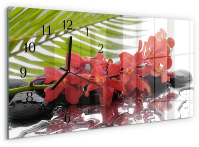 Tulup Wandklok - Bloemen en stenen Wandklok Glas Decoratie - 60x30 cm - Rood Gekleurde Glazen Klok - Zwarte Handen - Rechthoekige Wandklok - Wandklok Glas Decoratie - Gekleurde Glazen Klok