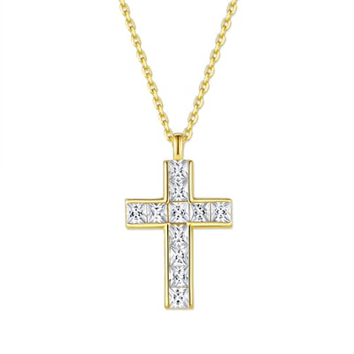 New Bling 9NB-1718 Zilveren Kruis Ketting - Goudkleurig - Zirkonia Hanger - 40 + 2,5 + 2,5 cm