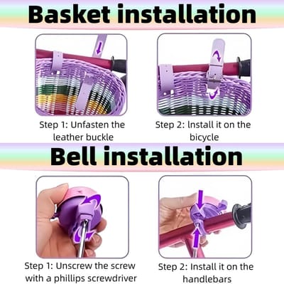 Kinderfiets fietsmand met verstelbare riemen - Regenboogkleuren - Sterren en klokken decoratie