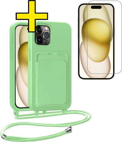 Hoesje Geschikt voor iPhone 14 Pro Telefoonhoesje Met Koord Case Pashouder Met Screenprotector Siliconen - Hoes Geschikt voor iPhone 14 Pro Hoesje Met Kaarthouder - Groen