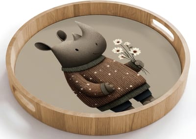 Dienblad rond 40x40 cm - Schootdienblad hout - Neushoorn - Witte bloemen - Lief - Borrelplank rechthoek - Plateau houten dienbladen