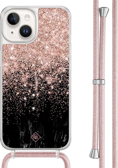 Casimoda® hoesje met rosegoud koord - Geschikt voor iPhone 14 - Marmer Twist - Afneembaar koord - TPU/acryl - Rosekleurig