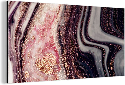 Wanddecoratie Metaal - Aluminium Schilderij Industrieel - Marmer - Roze - Goud - Glitter - Marmerlook - 160x80 cm - Dibond - Foto op aluminium - Industriële muurdecoratie - Voor de woonkamer/slaapkamer