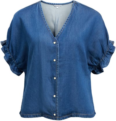 Object blauwe dames blouse   V-hals   Regular fit   Drukknoopsluiting   Duurzaam   Korte mouw Blauw 36