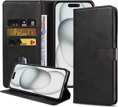 Geschikt voor iPhone 15 Telefoonhoesje Kunstleer met Magnetisch lipje en Pasjeshouder Book Case met Klepje - Zwart - Smartphonica geschikt voor iPhone 15