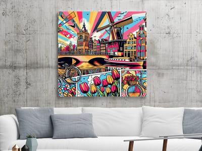 Pop art amsterdam schilderij | Kleurrijke ode aan de levendige straten van Amsterdam: Popart Amsterdam | Kunst - 60x60 centimeter op Dibond | Foto op Dibond