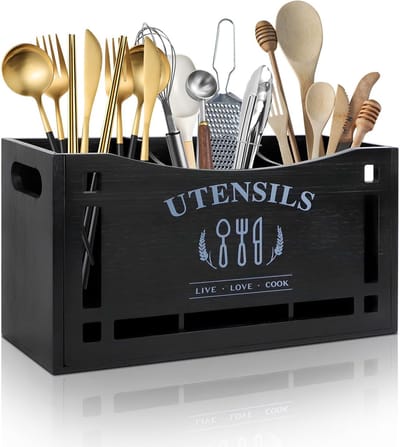 Famanu - Bamboe Keukengereihouder 3 Vakken, bestekhouder en caddy organizer voor aanrecht, boerderij stijl keukenaccessoires, zwart bamboe