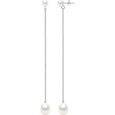 Twee Oorbellen Wit Goud - Echte Cultiveerde Zoetwaterperlen Knop 5-6 mm + Parel 8-9 mm