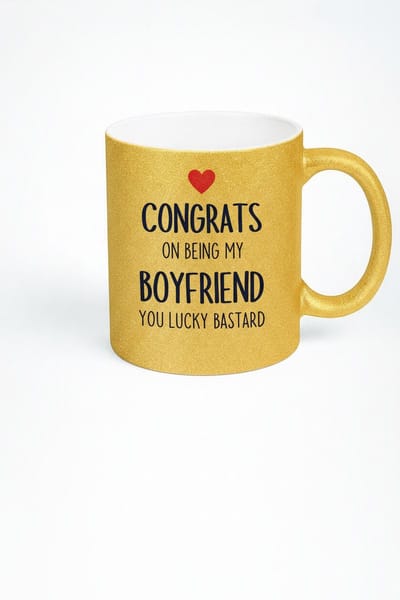 Grappige Gouden Glitter Mok voor Vriend - 'Congrats on being my Boyfriend You Lucky Bastard' Cadeau