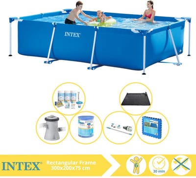 Intex Rechthoekig Frame Zwembad - 300 x 200 x 75 cm - Blauw - Inclusief Onderhoudspakket - Zwembadfilterpomp - Filter - Stofzuiger - Solar Mat - Vloertegels - 7-delig