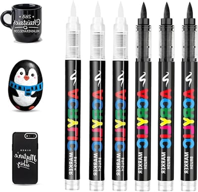 Acrylstiften Set van 6, 3 Zwart en 3 Wit, Waterdichte Permanente Markers voor Canvas, Steen en Glas, 1-5 mm Viltstiften