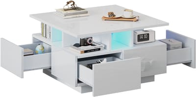 MODFU Salontafel 70x70x40 cm van spaanplaat, wit, kubus met geïntegreerde LED en 4 lades, geometrisch design