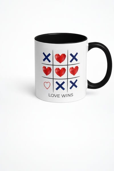 Liefde Wins Mok | Uniek Hartjes Tic Tac Toe Design | Valentijn Cadeau | Koffiemok Keramiek