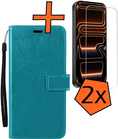Hoes - Met 2x Screenprotector - Geschikt voor Apple iPhone 17 Pro - Luxe Pasjeshouder - Bookcase Portemonee - Flip Case - Kunstleer Book Case - Flipcase Hoes - Book Cover - Walletcase - PortemonneeHoes - Turquoise