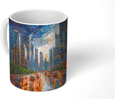 Mok - Koffiemok - Auto - Skyline - Zon - Blauw - Mokken - 350 ML - Beker - Koffiemokken - Theemok