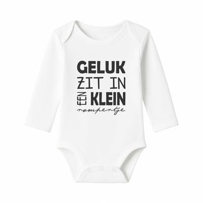Romper met Tekst Baby – Geluk zit in een klein rompertje – Wit – Lange mouw – Maat 62/68