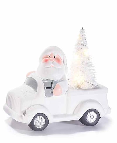 Kerstman in Truck met LED kerstboom - 12 x 6,5 x 11,5 cm - Keramiek - Kerstdecoratie - Kerstfiguur - Kerstversiering