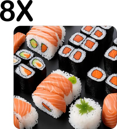 Luxe Placemat - Sushi met Zalm - Set van 8 Placemats - 50x50 cm - 2 mm dik Vinyl - Anti Slip - Afneembaar