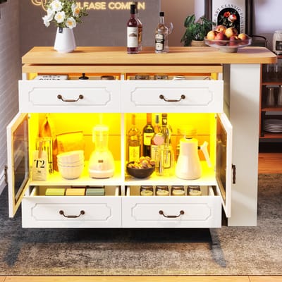 MODFU Uitschuifbare Bartafel met Opslag en LED, 135-203x39x92.8cm, 360° Draaibaar, Wit, Geschikt voor Slaapkamer, Woonkamer, Eetkamer, Keuken