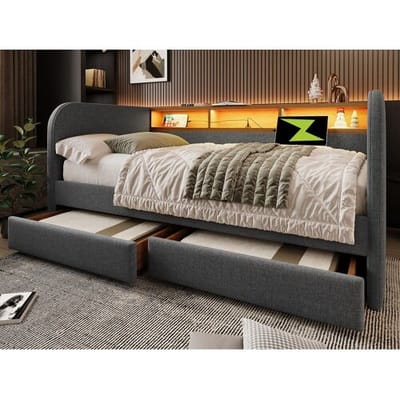 ModernLuxe Daybed bed met 2 lades - linnen stof - 140x190 cm - met LED en oplaadfunctie - Grijs