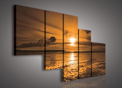 Canvas Schilderij - Zonsondergang - Strand - Wolken - Zon - Zee - Inclusief Frame - 170x100cm (lxb) - 5 Luiks - Geel