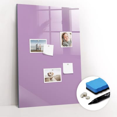 Tulup Whitebord - Kleur Lila Magneetbord - 60 cm x 90 cm - Memobord Glas - Scandinavisch Design Bord - Magnetisch Wandbord - Organiseer Je Bureau - Gratis 5 Sterke Magneten + Whiteboard Marker & Wisser - Magneetbord Muur - Magnetic Board