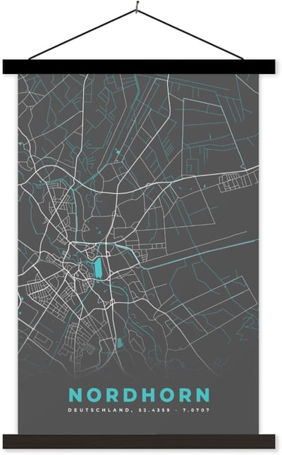 Posterhanger incl. Poster 40x60 cm - Schoolplaat - Duitsland – Blauw – Nordhorn – Stadskaart – Kaart – Plattegrond - Textielposter - Zwarte latten - Stadskaart