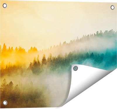 Gards Tuinposter Kleurrijke Zonsopgang in het Bos met Mist - 50x40 cm - Tuindoek - Tuindecoratie - Wanddecoratie buiten - Tuinschilderij
