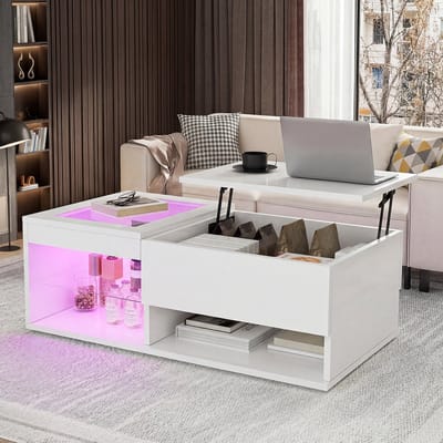 Salontafel met liftfunctie - Bijzettafel met ledverlichting - Trendy design - Woonkamertafel - 100 x 55 x 50 cm - Wit