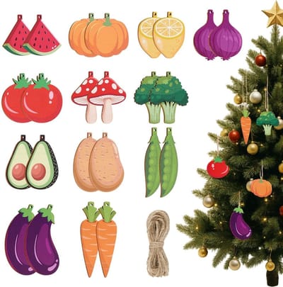 Dailygoods- Kerstboomversiering 24 Stuks - Houten Ornamenten - Veelkleurig - Decoratieve Hangers - Fruitschijven - Afmetingen: Uien, Watermeloen, Wortel, Citroen, Aubergine, Broccoli, Paddenstoel, Aardappel, Erwten - Kerstornamenten