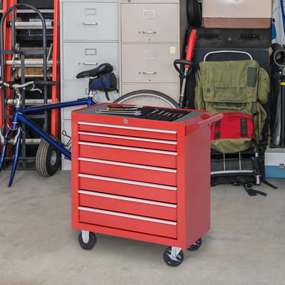 Pugsdrly gereedschapswagen, 2 kleine en 5 grote lades, staal, tot 150 kg, 69 x 33 x 75 cm, rood