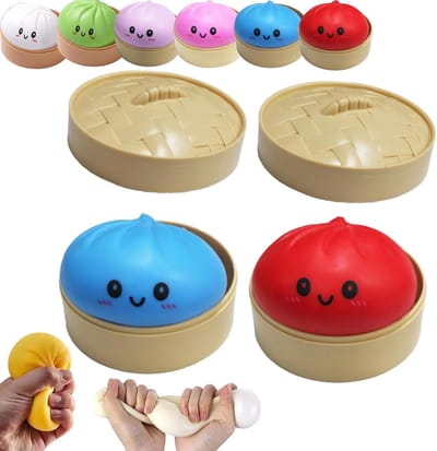 longziming - Squishy - Anti-stress knijpspeelgoed - Fidget toy - Knijpspeelgoed - Reuzendimsum - 9x9x6 cm - Langzame terugvering - Regenboogglitter - Rood+Blauw
