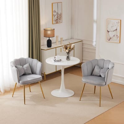 BLACKCOLORS Set van 2 moderne fluwelen fauteuils, badkamerstoelen, gestoffeerde stoelen met bloembladvormige rugleuning, vergulde metalen poten en vlinderkussens voor de slaapkamer-eetkamer
