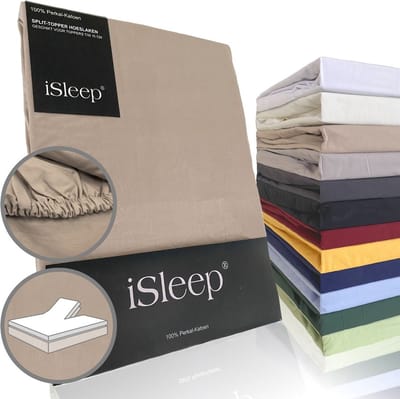 iSleep Perkal Split-Topper Hoeslaken - 100% Perkal Katoen - Rondom Elastiek - Tweepersoons - 160x200 cm - Medium Beige