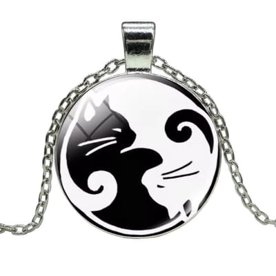 Fako Bijoux® - Ketting - Cabochon - Yin Yang - Poezen - Zwart/Wit