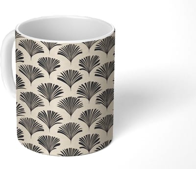 Mok - Koffiemok - Waaiers - Botanisch - Zwart - Beige - Mokken - 350 ML - Beker - Koffiemokken - Theemok