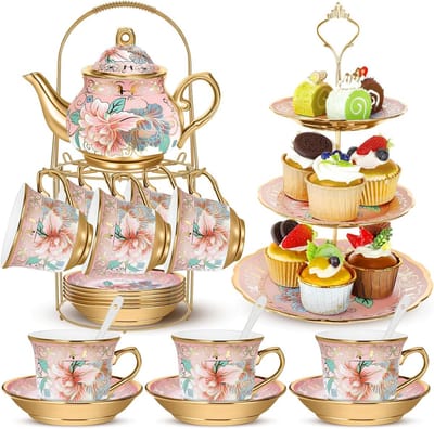 21 stuks porseleinen theeservies met metalen houder en cupcake-standaard, keramische theepot kopjes schotels cupcake tier toren Europese keramische theeset voor volwassen vrouwen meisjes