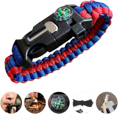 Outdoor survival Armband Rood/Blauw - 5 in 1 met Vuursteen (magnesium stick), Paracord, Kompas, Noodfluit en Schraper